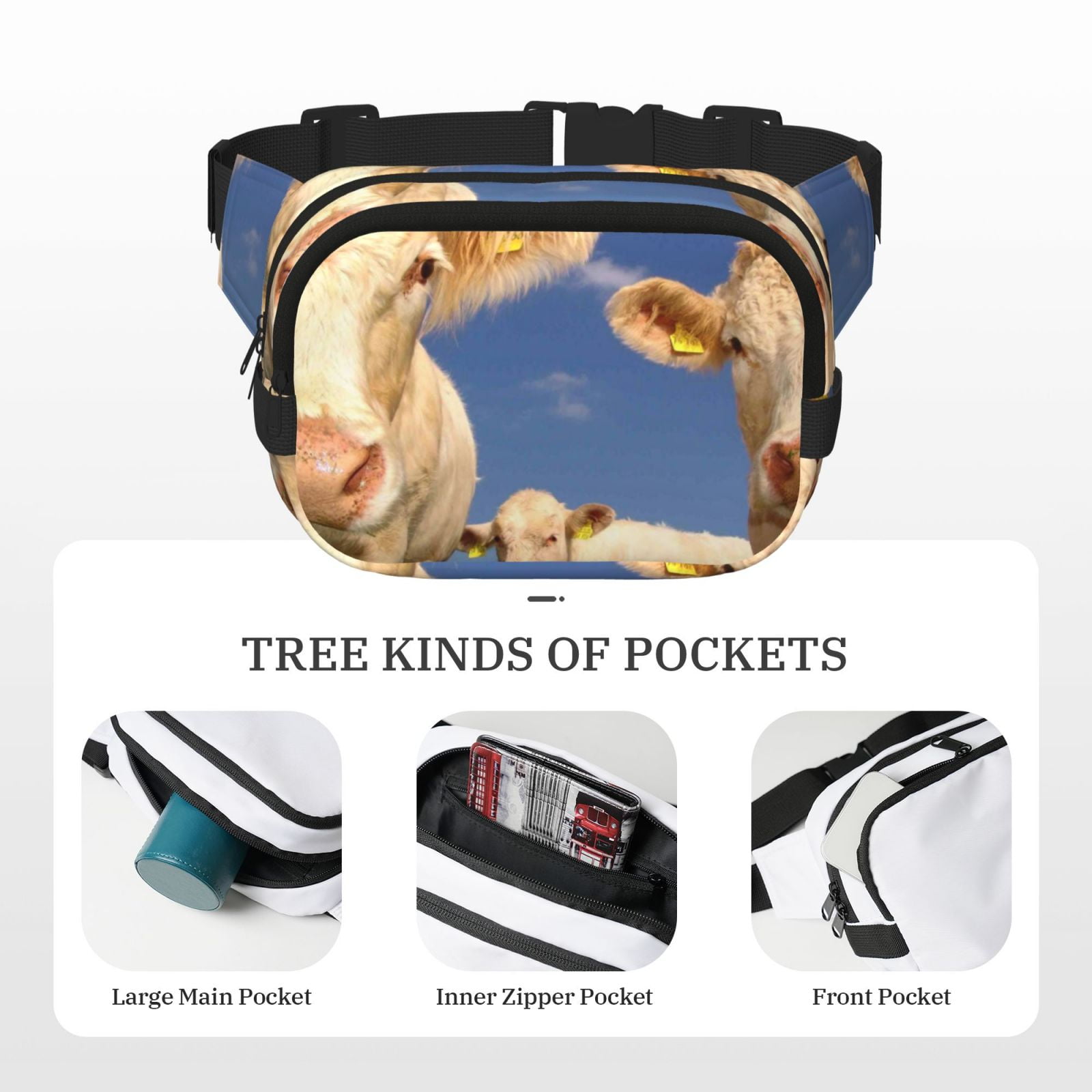 Picia Cows Cattles Print Square Double-Layer Waist Bag Mini Adjustable Waist Belt Bag Exercise Running Travel Hiking