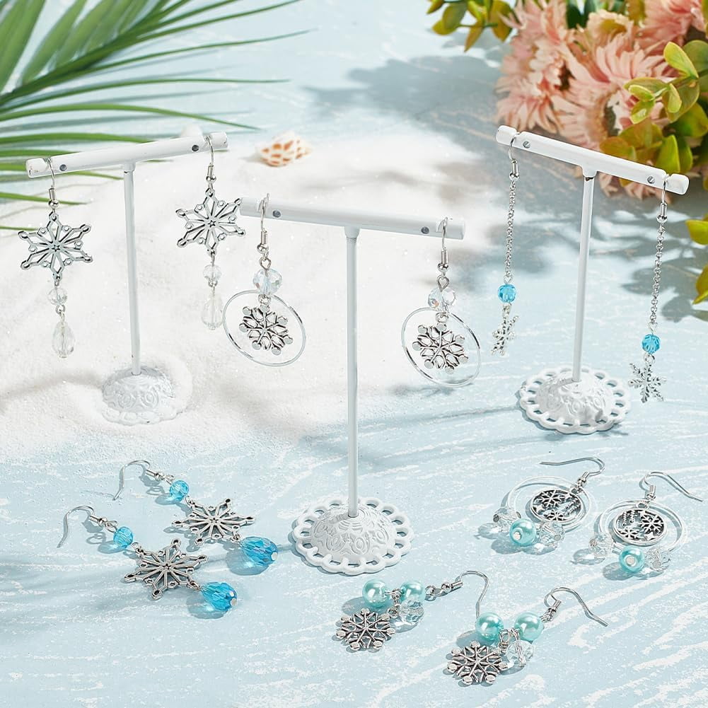 DIY 10Pairs Christmas Charms Earrings Making Kit Antique Silver Snowflake Charms Winter Blue Faceted Glass Beads Linking Rings Dangle Earring Hooks