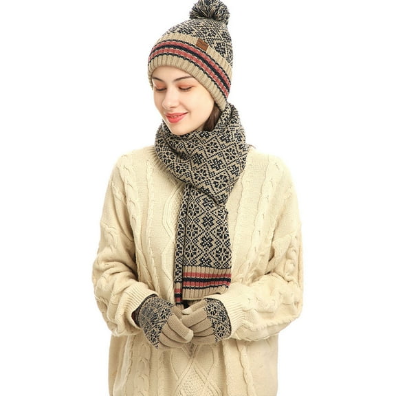 WJHWSX 3PC Unisex Winter Warm Gloves Set,Touch Screen Gloves for Women Men,Cold Resistant,Soft,Fleece,Printed,Acrylic,Beige,Free Size