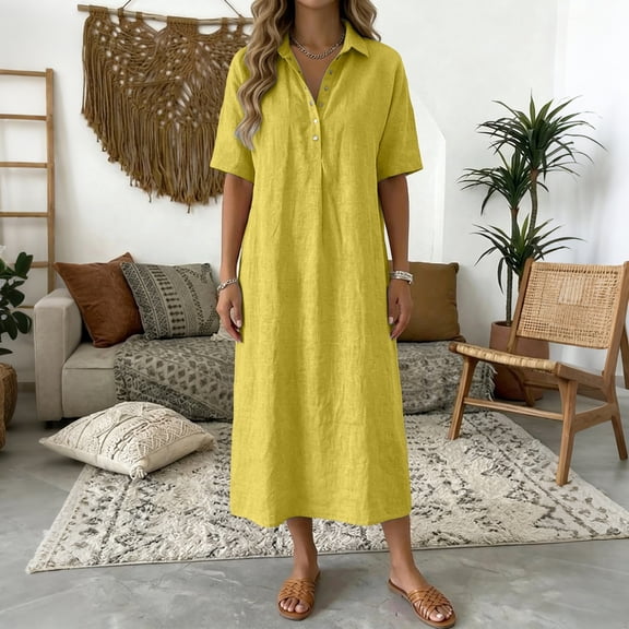 EliteGoogv Womens Polo Dresses Short Sleeve Collared Midi Dresses For Women Relaxed Straight Fit Summer Dresses Vacation Wedding Guest Dresses Yellow