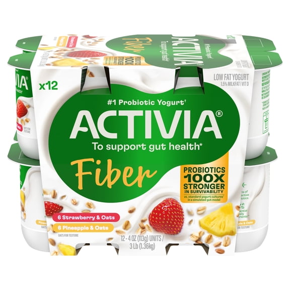 Activia Fiber Strawberry and Pineapple Low Fat Probiotic Yogurt Cups Variety Pack, Helps Support Gut Health, 4 oz, 12 Count