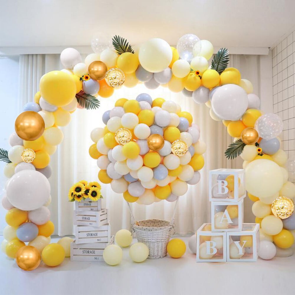 AOWEE Sunflower Decorations Party Supplies, Pastel Yellow Balloon Arch Garland Kit with Macaron Yellow Grey White Gold Balloons, Artificial Sunflower Vine for Bee Theme Party Baby Shower Wedding