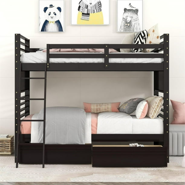Twin over Twin Bunk Bed with 2 Drawers, Solid Wood Detachable Bunk Bed