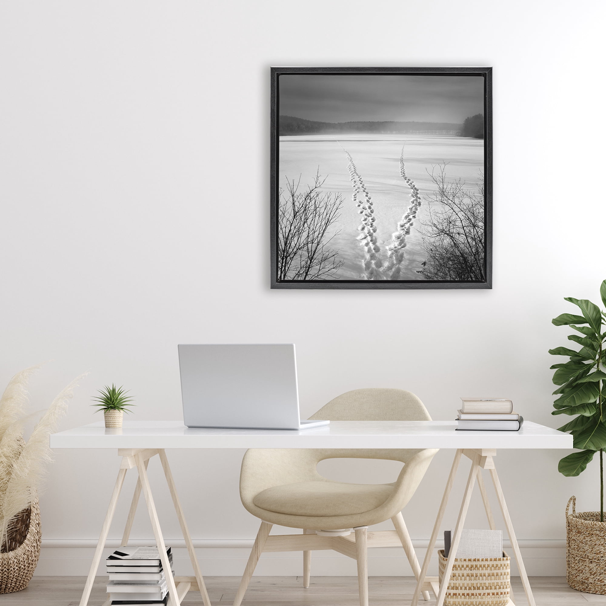 Stupell Industries Snowstep Tracks Across Frozen Lakes Black Framed Floater Canvas Wall Art, design by Chip Forelli