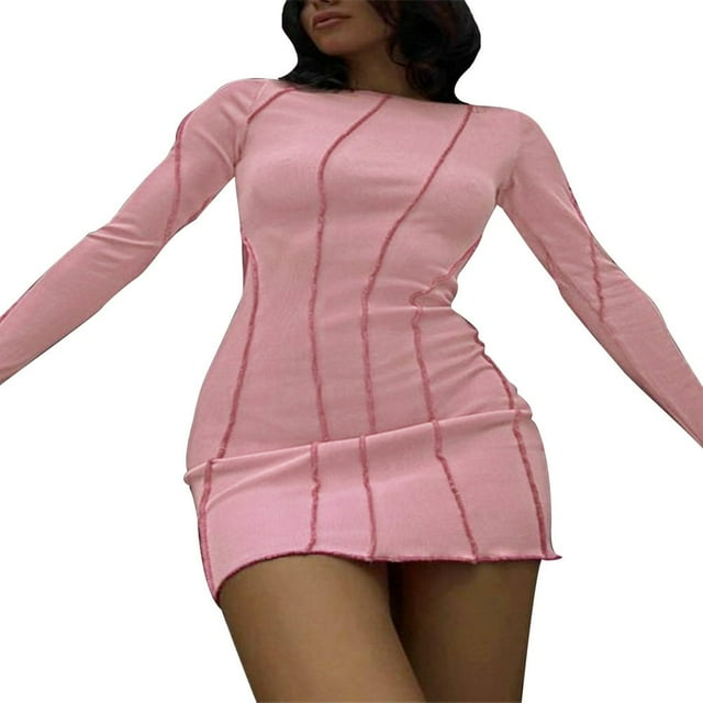 Femmes Casual Robe Bodycon Contraste Couleur Cou de l'Équipage Longue Flare Manches Côtelée Robe d'Une Seule Pièce