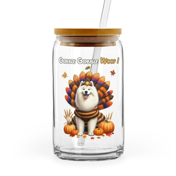 Happy Thanksgiving Samoyed Turkey Costume Pumpkins Autumn Leaves 16oz Glass Cup Mug Siberian Sammy Dog Lover Glass Can with Bamboo Lid and Straw - 130144