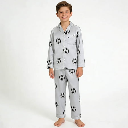 Outfits Baby Boy Homewear Print Long Sleeve Lapel Top with Pants 2 Pcs Boys Clothing Sets Grey 7-8 Years