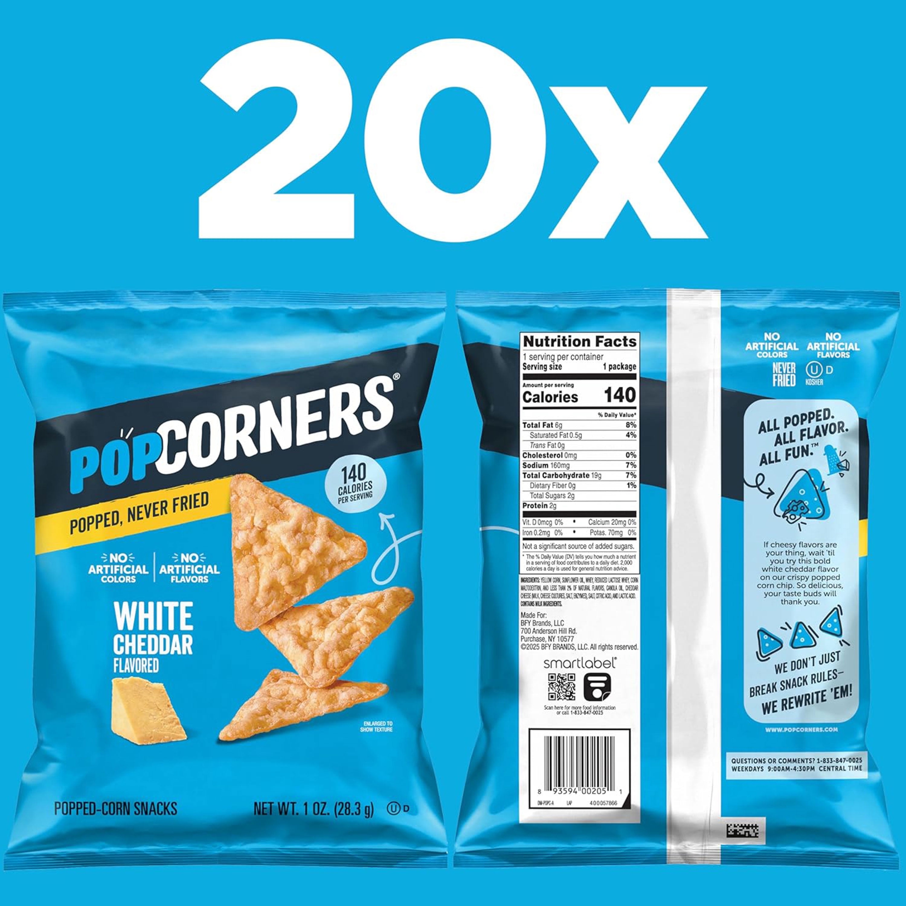 PopCorners Popped Corn Snacks, White Cheddar, 1 Ounce (pack of 20)