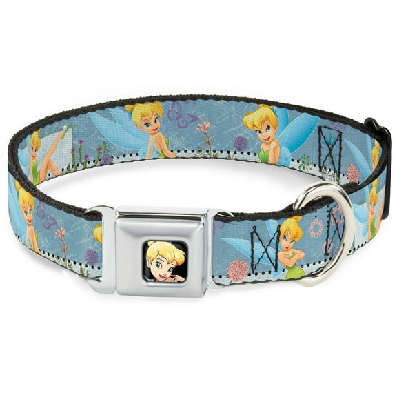 Disney Pet Collar, Dog Collar Metal Seatbelt Buckle, Tinker Bell Garden Poses, 9.5 to 13 Inches 1.0 Inch Wide