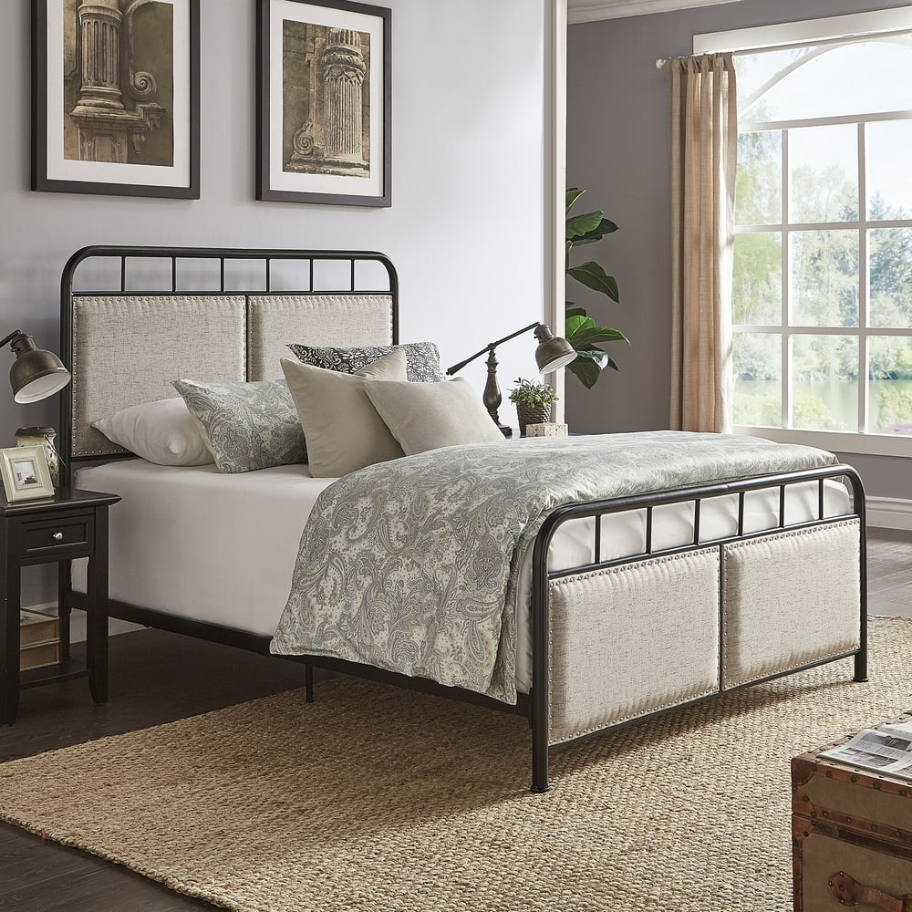 Weston Home Exton Black Metal Queen Bed With Beige Upholstered