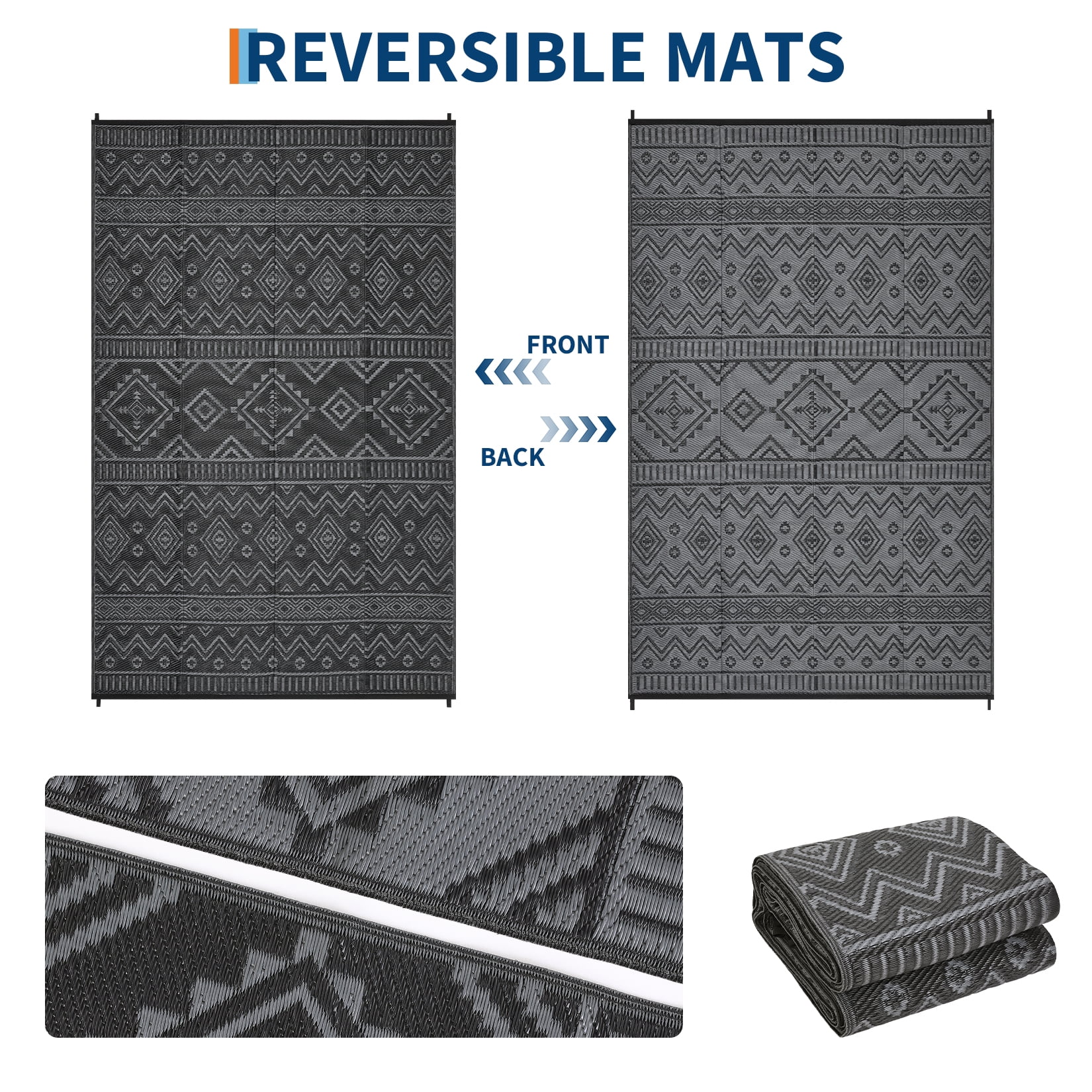 Garvee Outdoor Area Rug 8'x10' Waterproof Outdoor Carpet, Boho Plastic Straw Rug RV Mat for Picnic, Deck, Balcony, Beach, Patio, Black and Gray
