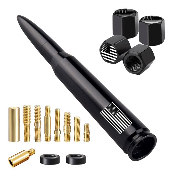American Flag Car Truck Antenna with Valve Stem Caps, Universal Antenna Mast for GM Chevy