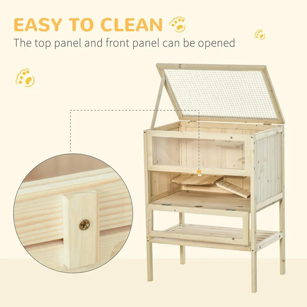 Resenkos Pet Mouse Cage, Hedgehog Cage,3-Tier Wooden Hamster Cage Mice and Rat Cage with Openable Top, Front Door, Shelf, Natural