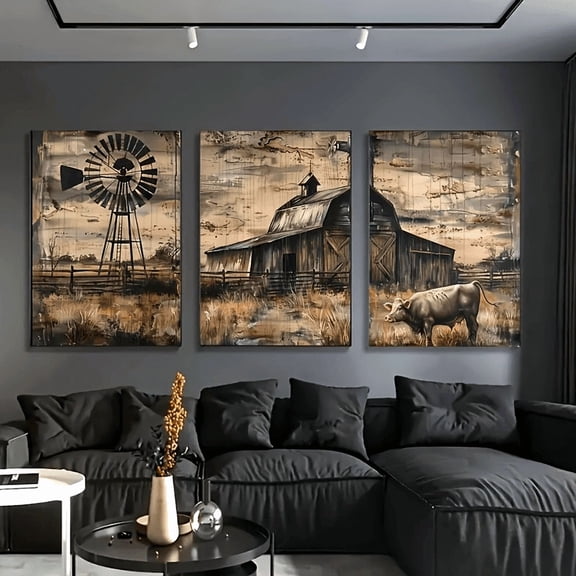 2D Flat 3pcs Rustic Farmhouse Wall Art Set - Art Deco Classic Retro Style Landscape Canvas, Windmill & Barn Theme, Ideal for Home Office, Bathroom, Living Room, Bedroom Decor, Ink Medium, Reusable,
