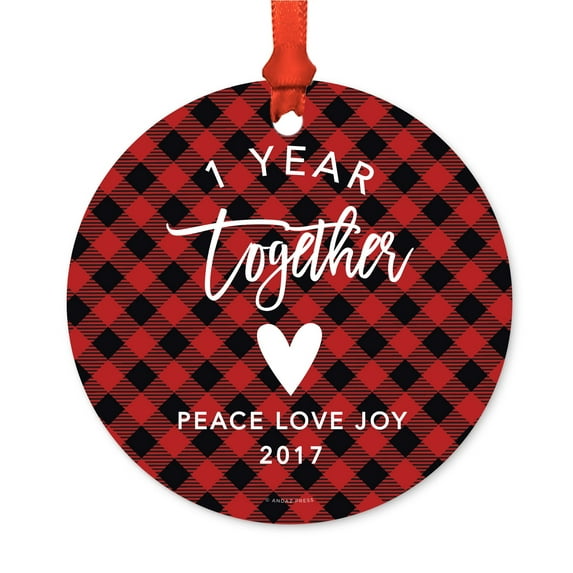 Wedding Anniversary Metal Christmas Ornament, 1 Year Together, Christmas 2017, Red Plaid, Includes Ribbon and Gift Bag
