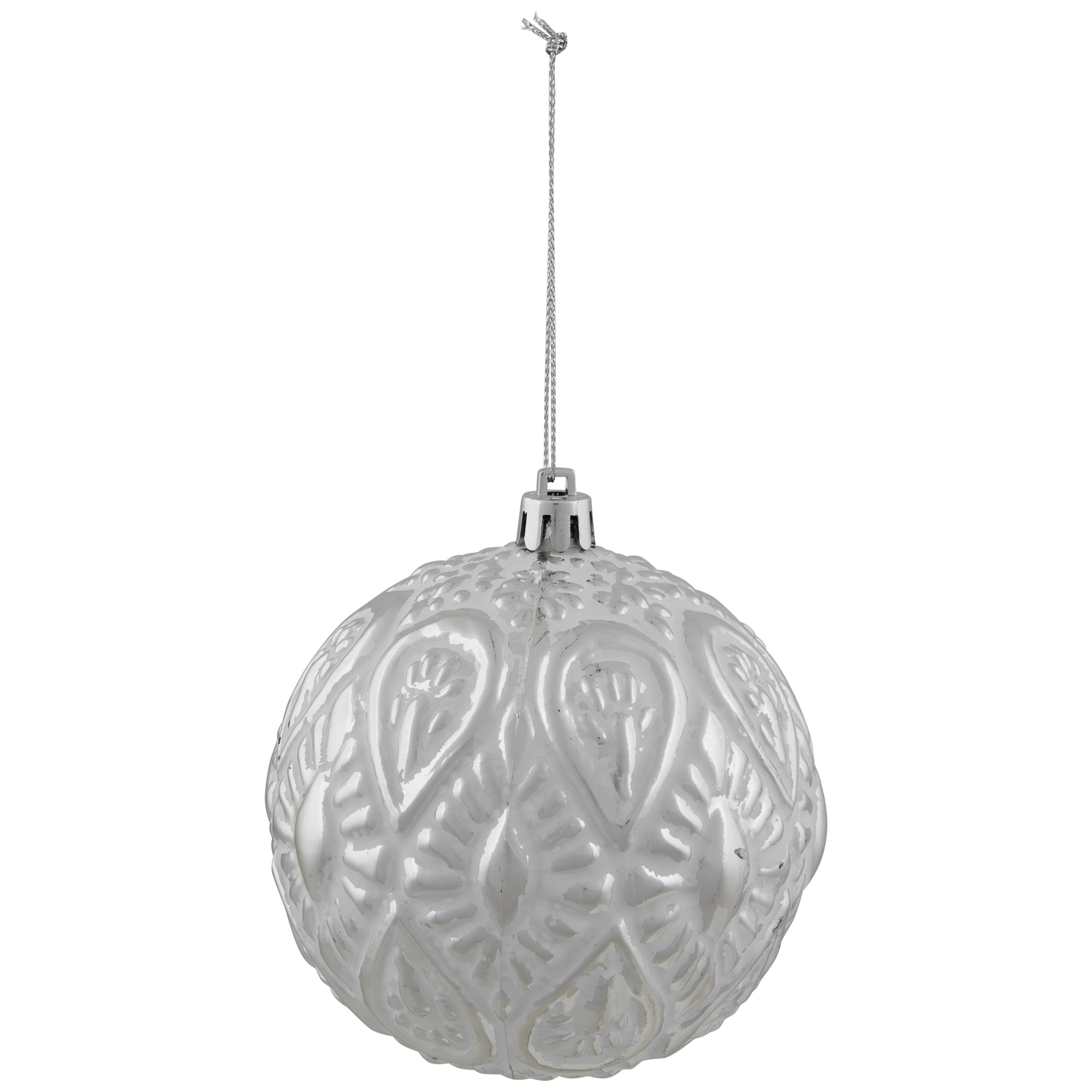 Distressed White Ball with Silver Beveled Design Christmas Ornament 4" (100mm)