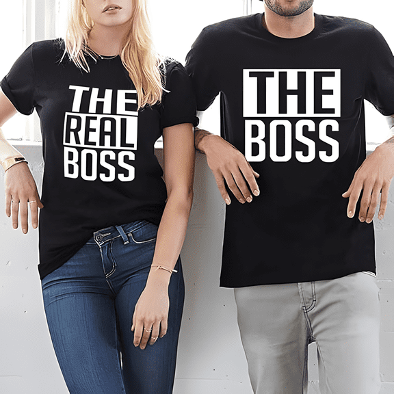 "The Real Boss" & "The Boss" Matching Couple T-Shirts, Funny His and Hers Tees, Husband Wife Couple Shirts (Men S)