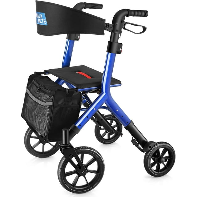 WalkMate Déambulateur à Roulettes pour Aînés de Grande Taille 5,3-7 Pi avec Siège à Hauteur Ajustable, Roues de 10 Pouces, Marchettes à Câbles Cachés, Conception Pliable Compacte, Aide à la Mobilité Légère pour la Marche, Dossier Élargi, Bleu