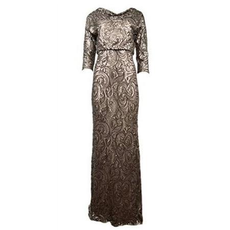 New Badgley Mischka Sequin Swirl Drop Back Gown Taupe Size:2