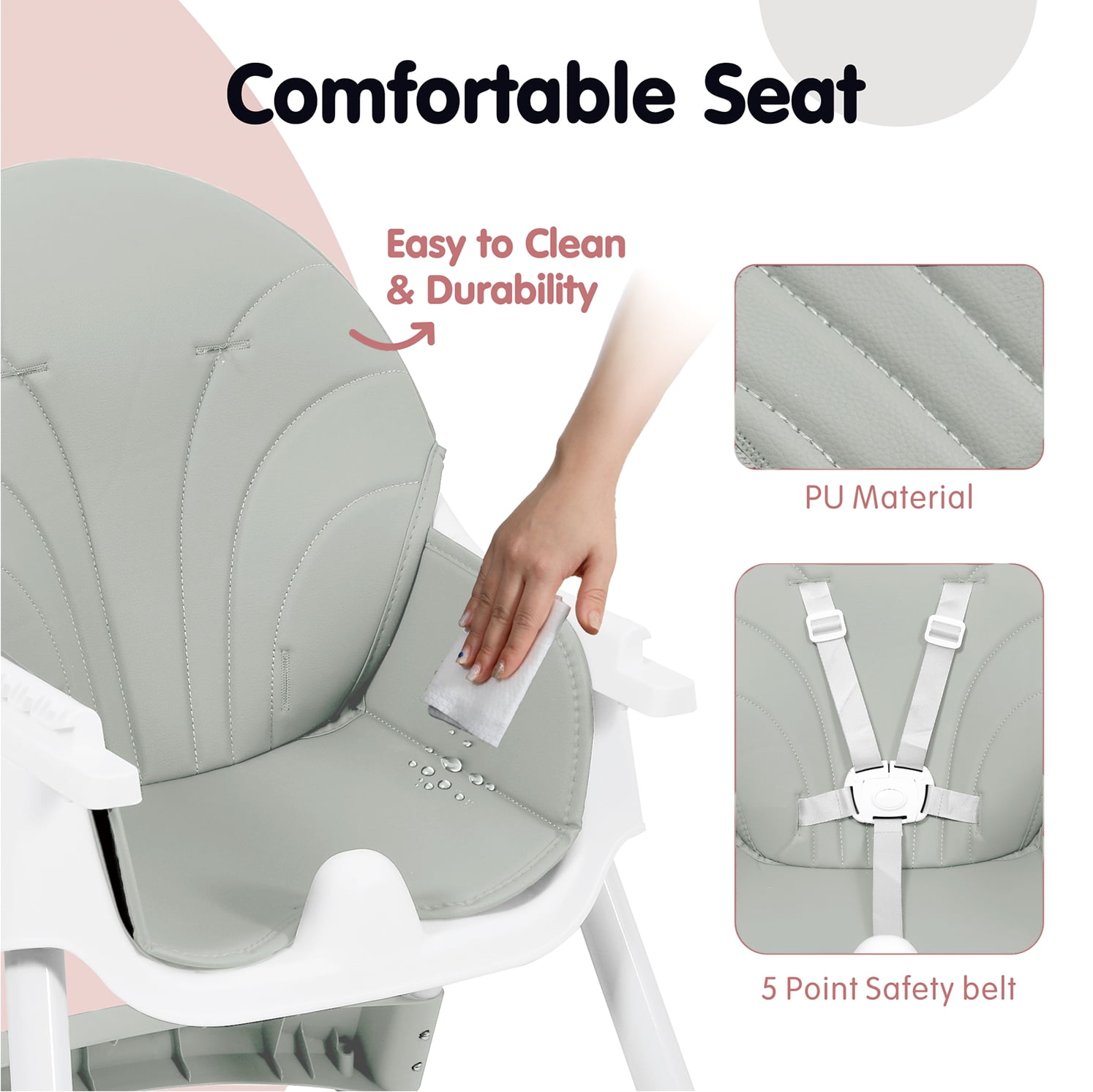 Aprpink 6 in 1 Baby Convertible High Chair Seat with 5 Point PU Safety Harness, Light Green Striped