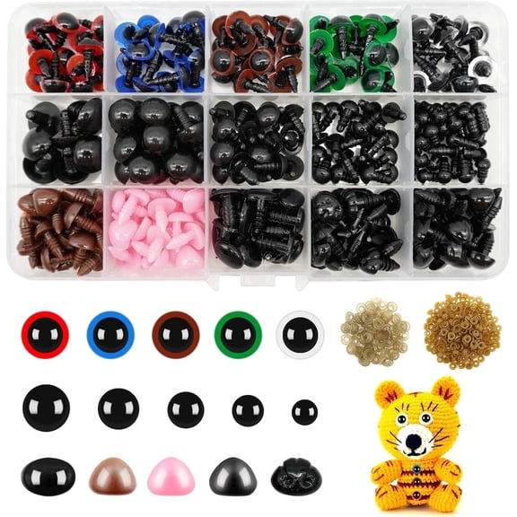 560Pcs Doll Plastic Safety Eyes and Noses with Washers in Crafts for Crochet Stuffed Animals Multicolor Round & Oval (6-14mm)