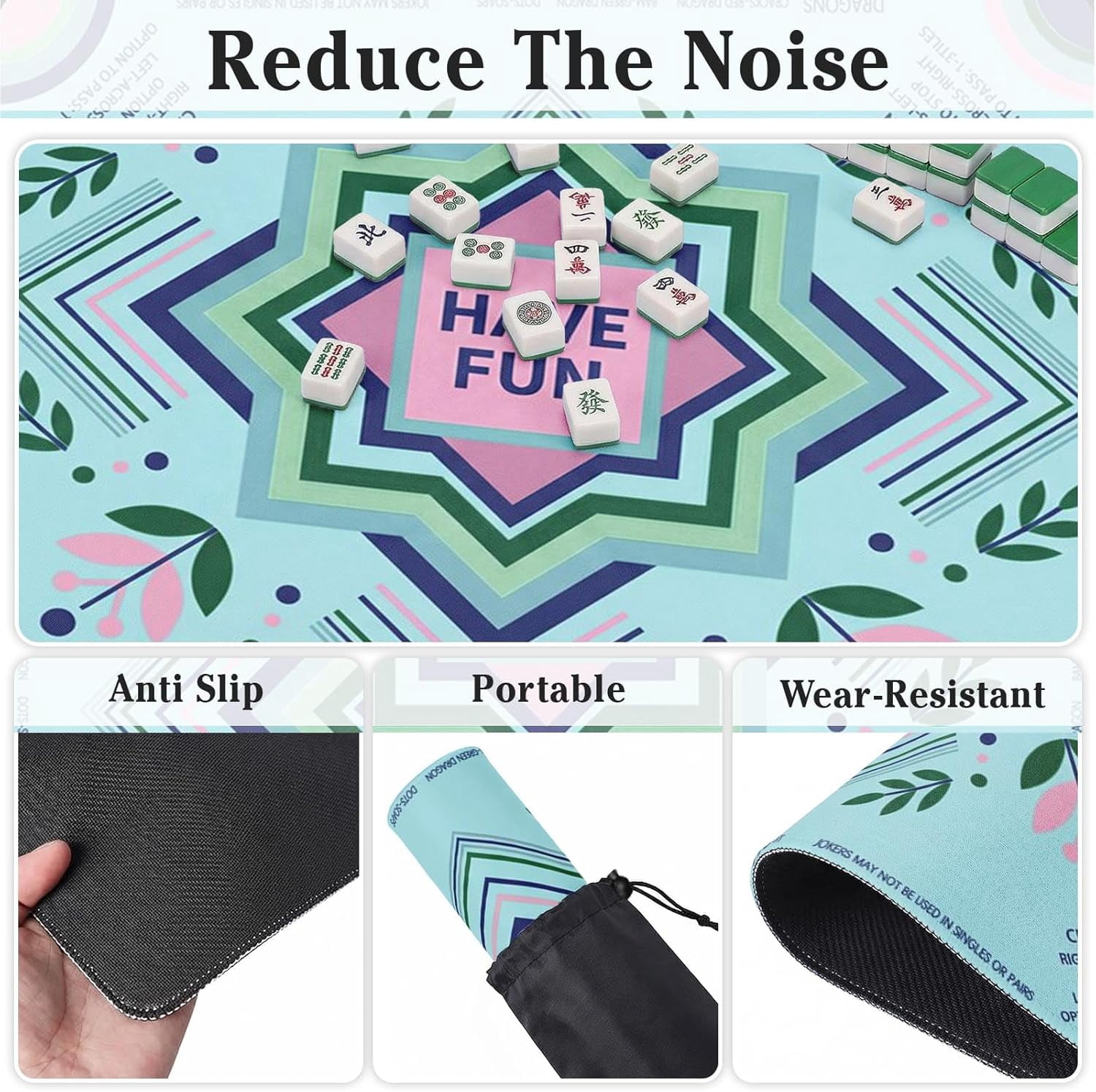 Mahjong Mat with Black Carrying Bag Geometric Boho Floral Non-Slip Noise Reduction Gaming Mat 31.5" x 31.5" Rubber Multi Purpose Game Table Cover for Mahjong Card Dominoes Board Tile Games