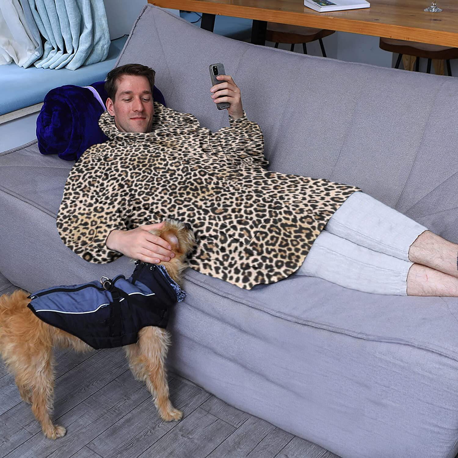 Black and Tan Leopard Print Wearable Oversized Blanket,Wearable Blanket Hoodie for Adults,Cozy Hooded Blankets with Super Pockets,Super Warm Fuzzy Pullover for Women & Men