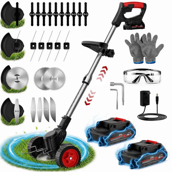 Teblint 650W Electric Weed Wacker, Cordless String Trimmer, Weed Eater Grass Trimmer/Edger/Cutter with Wheels, 2Pcs 21V Batteries, 5 Types of Blades, Adjustable Length for Lawn Yard Garden (Black)