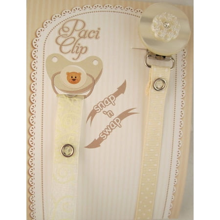 White Lacy Pacifier Clip With Two Interchangeable Ribbons