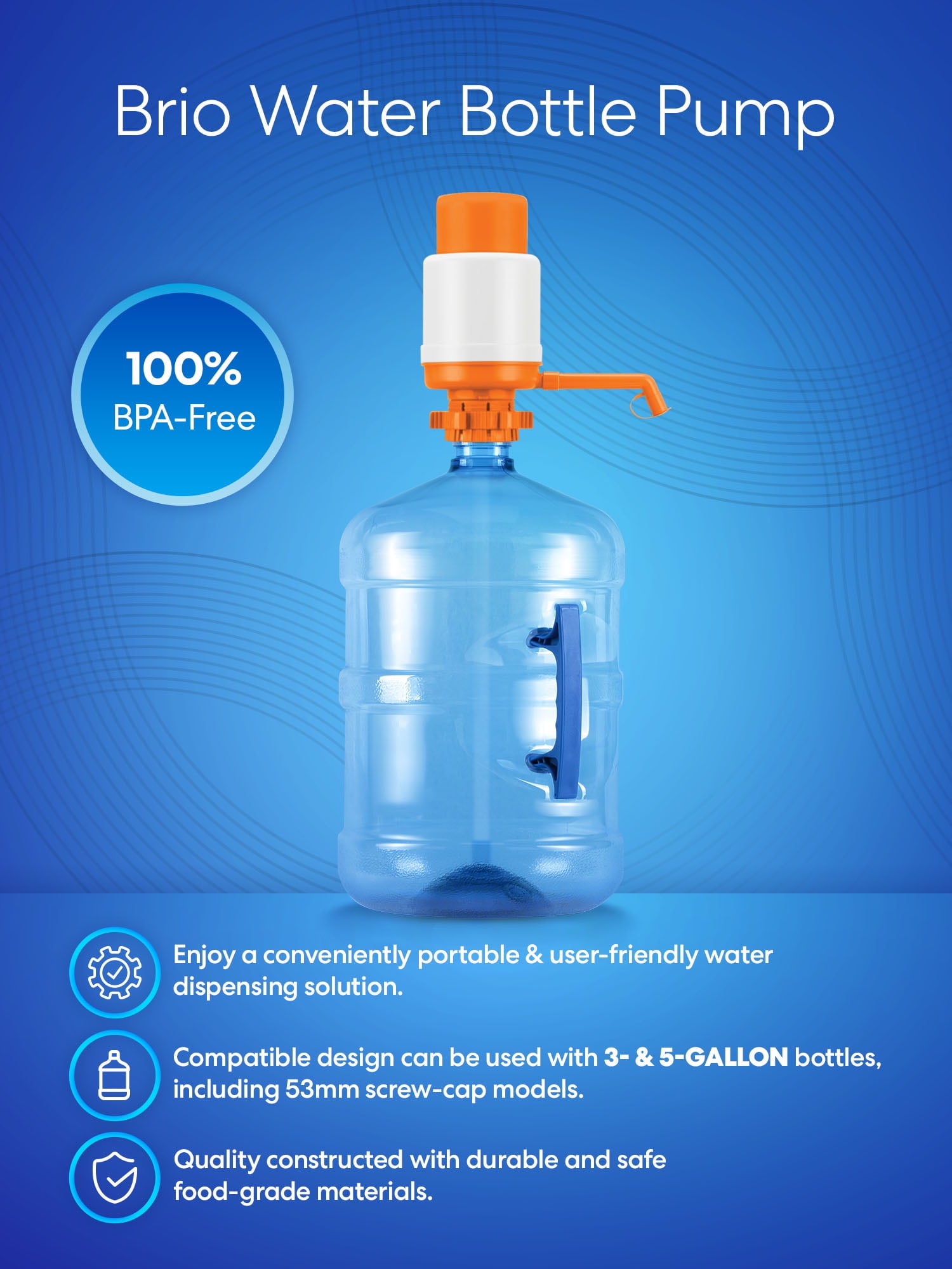 Brio PU100OR Orange Water Pump for 1 to 6 Gallon Water Bottles 48mm and 55mm