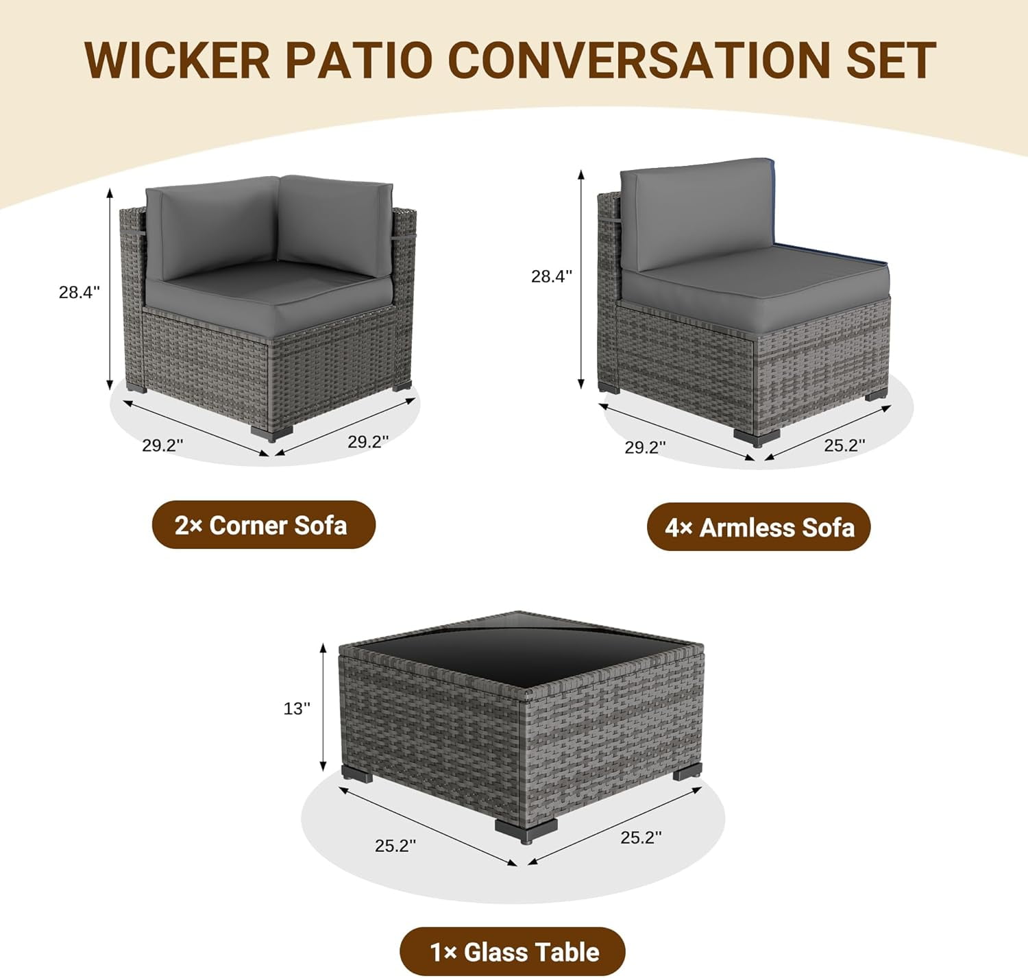 ELPOSUN Patio Furniture Set, 7-Piece Patio Furniture Set with Coffee Table & Waterproof Covers, All-Weather Wicker Outdoor Sectional for Backyard Balcony, Gray