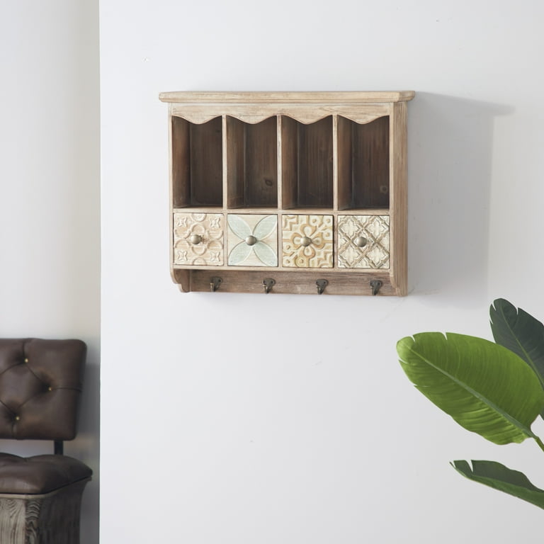 Decmode Farmhouse Wooden Wall Shelf with Drawers and Hooks 23