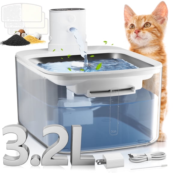 HUTACT 3.2L Wireless Cat Water Fountain, 4000mAh Pet Water Fountain Rechargeable, Stainless Steel Tank, 3-Mode Quiet Pet Water Bowl with 3 Filters for Cats Dogs