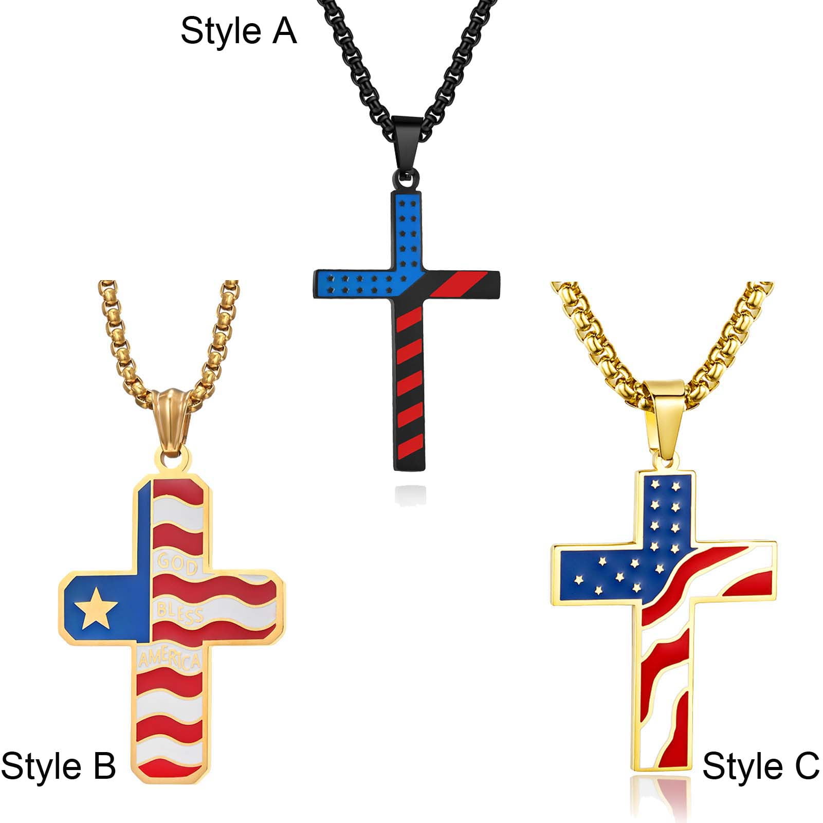 American Flag Stainless Steel Cross Pendant Necklace for Men Star spangled Flag