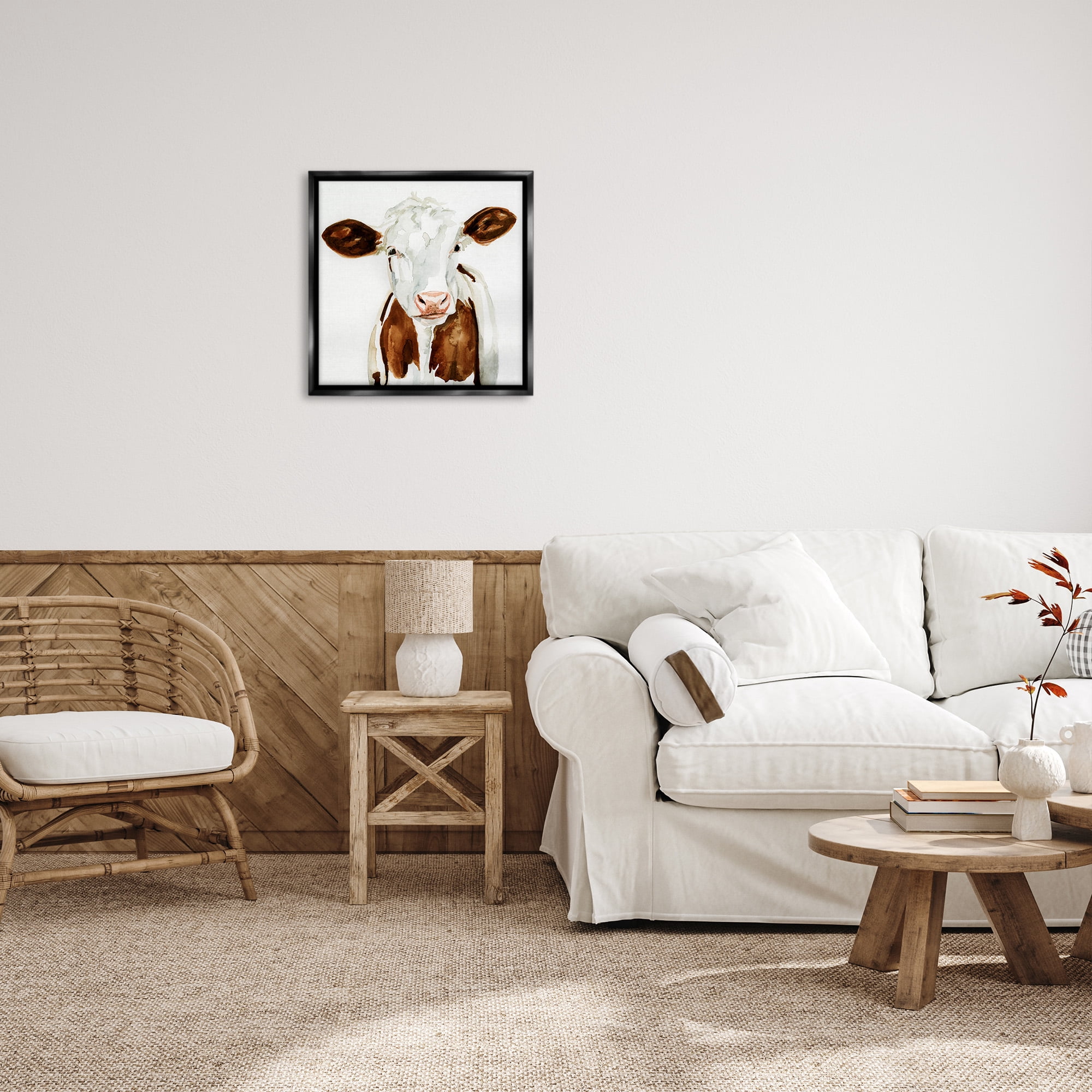 Stupell Industries Farm Cow Neutral Watercolor Animals & Insects Painting Black Floater Framed Canvas Art Print Wall Art, 25 x 25