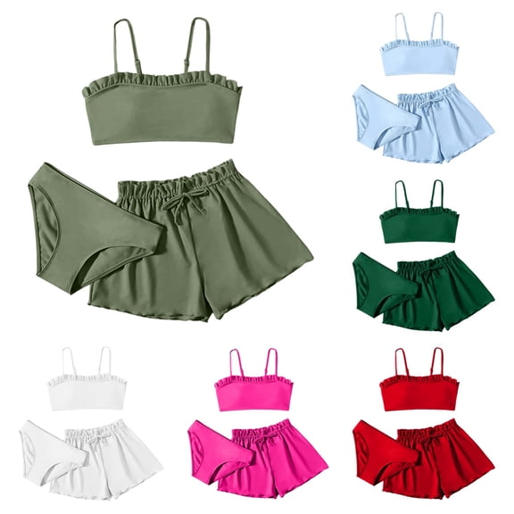 Xijirk Girls 3-Piece Ruffle Swimwear Set Bikini with Matching Drawstring Shorts UPF 50 Sun for Beach and Pool,12-14 Years