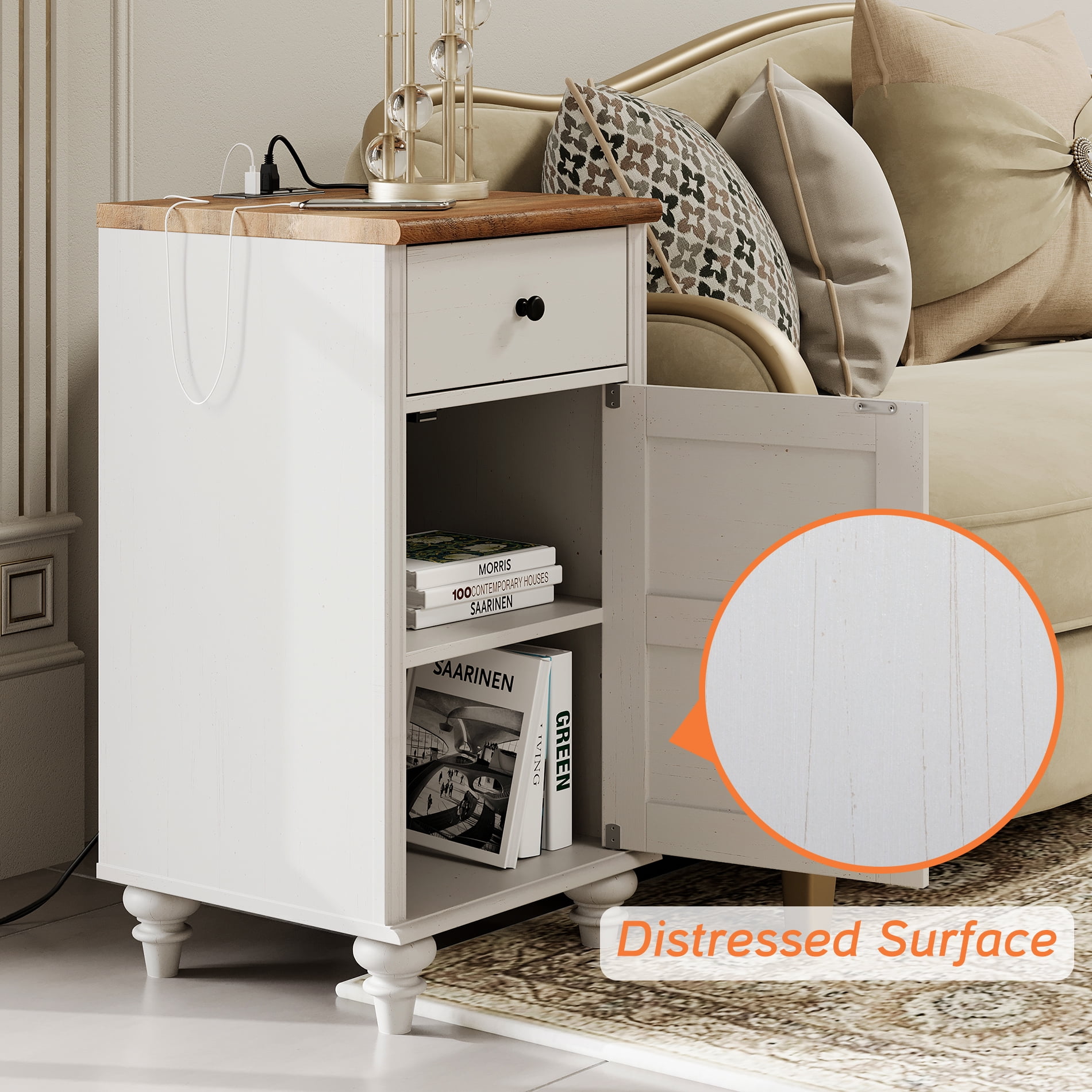White End Tables with Charging Station, Farmhouse Side Tables with Drawer and cabinet, Wooden Nightstands Featuring Power Outlets for Living Room and Bedroom(Set of 2 )