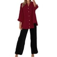thumbnail image 5 of Pyhlmscde Womens Daily Casual Solid Long Sleeve Shirt Tops Pockets Pants Shirt Trousers Set, Lounge Sets for Women, Two Piece Sets for Women Wine XL, 5 of 5