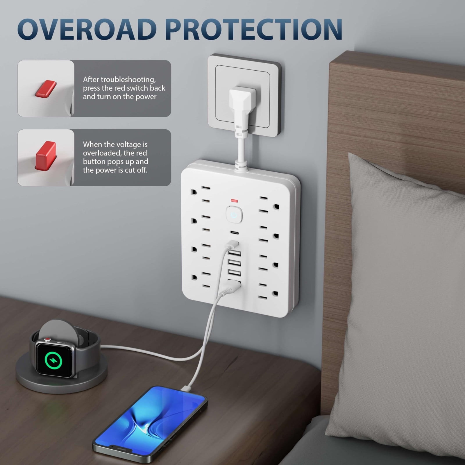 14-in-1 Multi-Function Power Board,Space-Saving Wall-Mounted Protector Power Strip with Surge Protection,Cord Outlets with Switch,Multiple Ac Outlets with 4 USB Ports,2 Type-C Power Outlets（White）