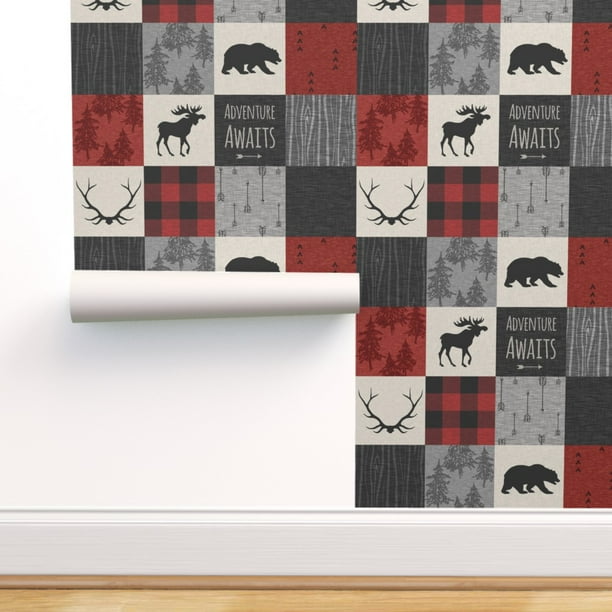 Peel & Stick Wallpaper 12ft x 2ft Adventure Awaits Quilt Grey Black