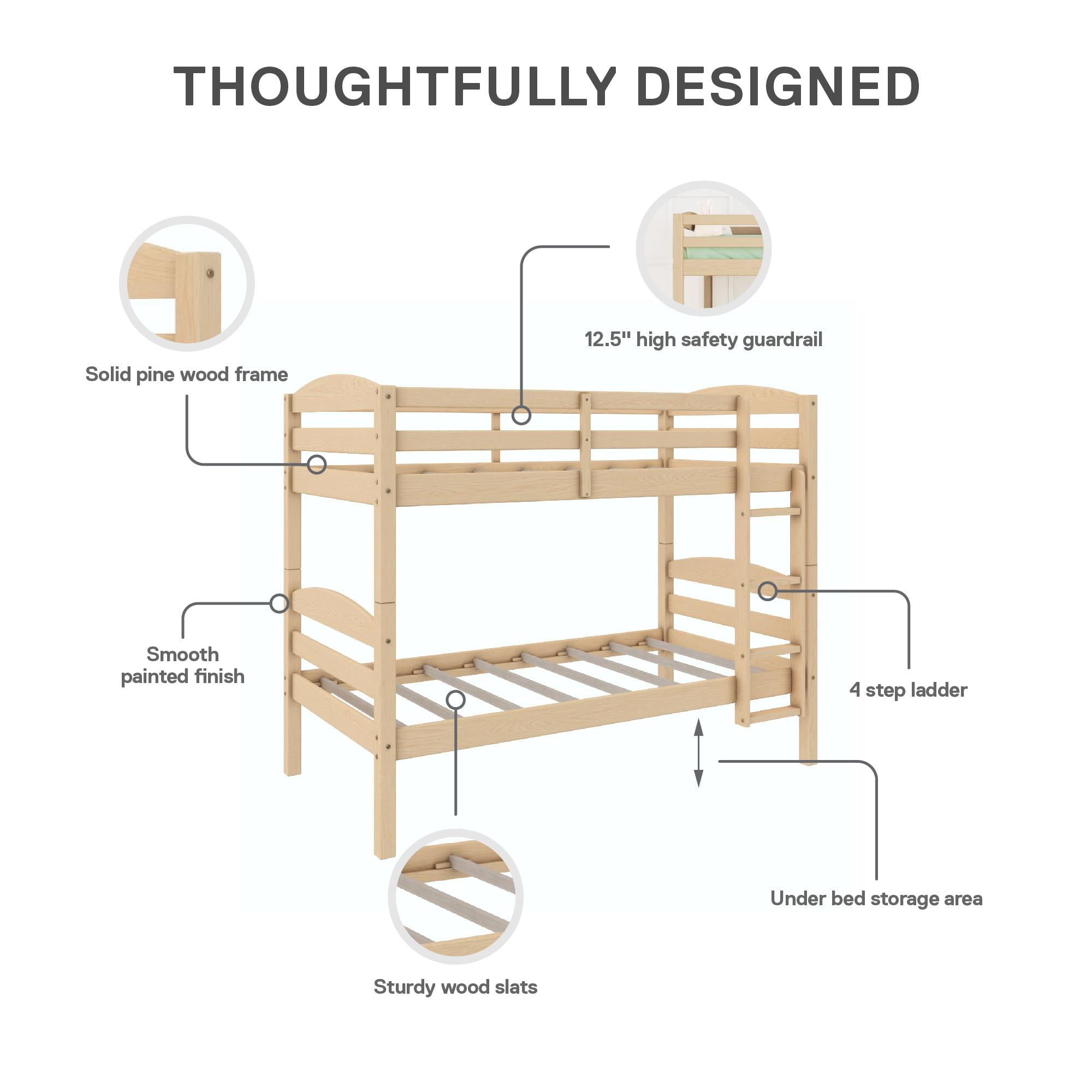 Better Homes & Gardens Leighton Kids Solid Wood Twin-over-Twin Convertible Bunk Bed with Ladder and Guardrails, Natural Pine
