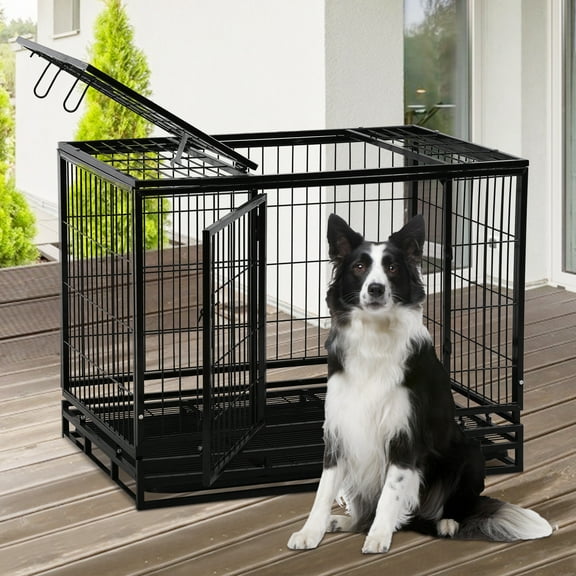 48 Inch Heavy Duty Dog Crate Cage Kennel with Wheels, Extra Large Metal Dog Crate with Sturdy Locks Design, Double Door and Removable Tray Design for Large Dogs, Black