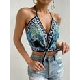 thumbnail image 3 of Women'S Floral Print Backless Halter Top Sleeveless Tie Knot Front - Crop Tops Green L, 3 of 8