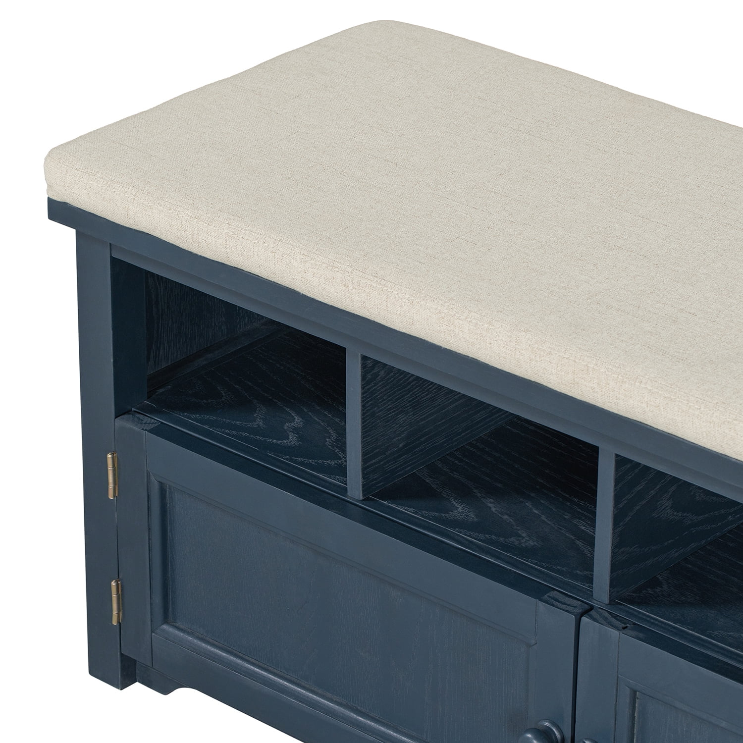 Kadyn Rustic Style Two-Door Storage Bench, Shoe Entryway Bench with Linen Upholstered Top Cushion, Pine Organizer Footrest Bench Ottoman for Entryway, Antique Navy Kadyn Rustic Style Two-Door Storage Bench, Shoe Entryway Bench with Linen Upholstered Top Cushion, Pine Organizer Footrest Bench Ottoman for Entryway, Antique Navy