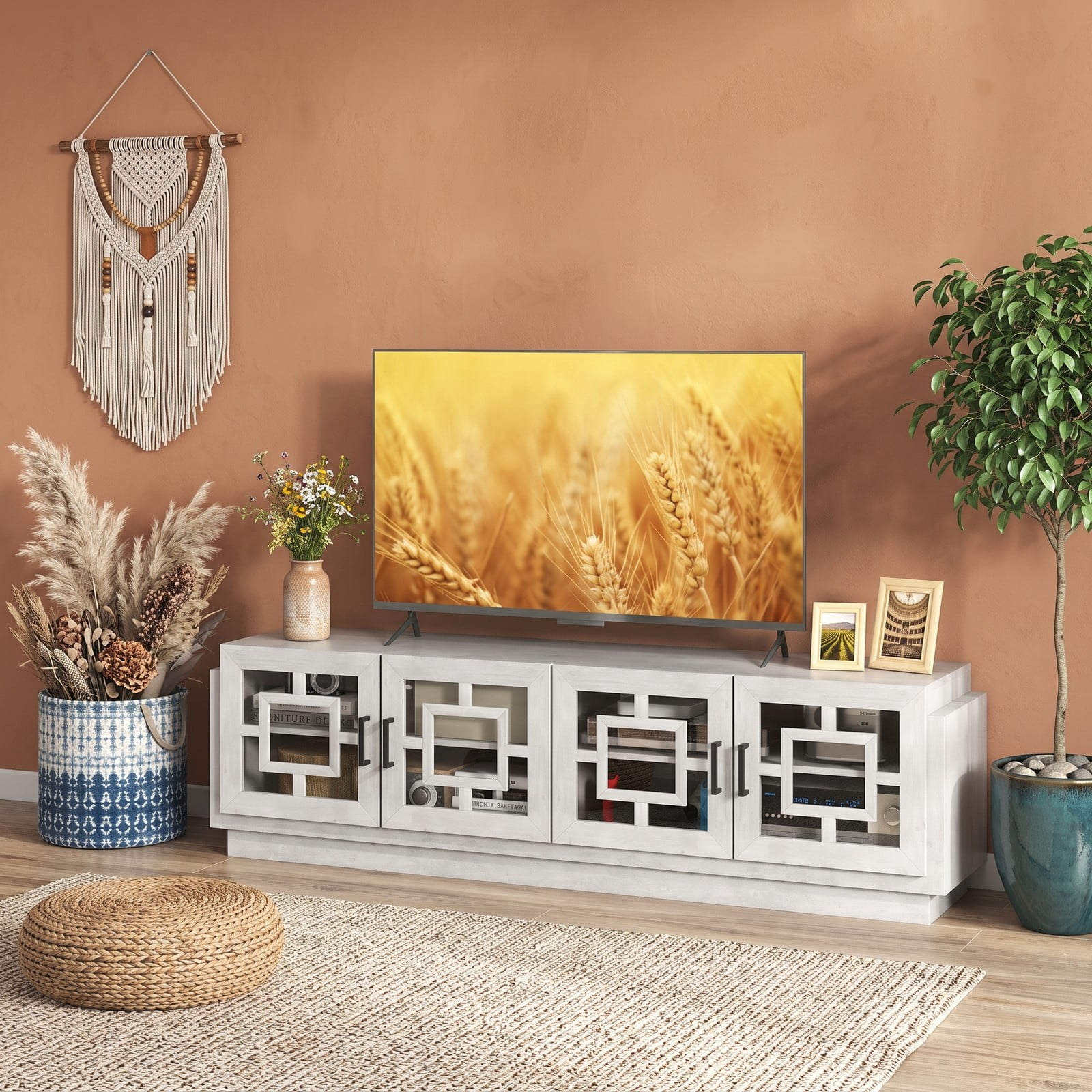 Furnibear 4-Door TV Stand for TVs up to 75 Inch, Wood Media Console Table Entertainment Center with Adjustable Shelves, Glass Cabinets and Cable Management, White Oak