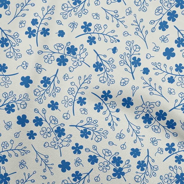 oneOone Velvet Medium Blue Fabric Asian Floral Craft Projects Decor Fabric Printed By The Yard 58 Inch Wide