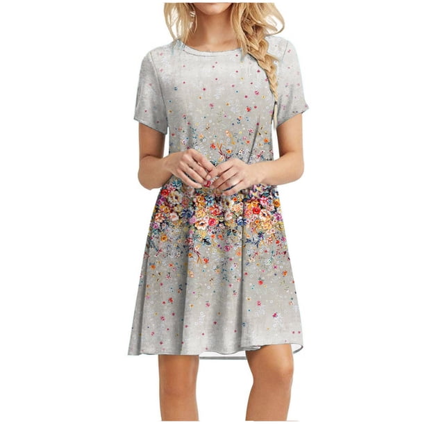 Vestido suelto casual de manga corta con estampado floral y estampado de girasol para mujer Pompotops ghjkhdj10704