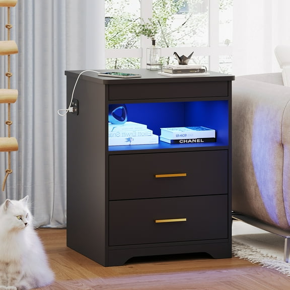 VKCC Rustic Wooden Nightstand with Charging Station, 2 Drawers Bedside Table with LED Lights, Small Cabinet for Bedroom Living Room, Black