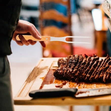 GOOHOCHY Multifunctional Stainless Steel Meat Fork with Thick Wooden Handle for BBQ Outdoor Cooking 2Prong Design