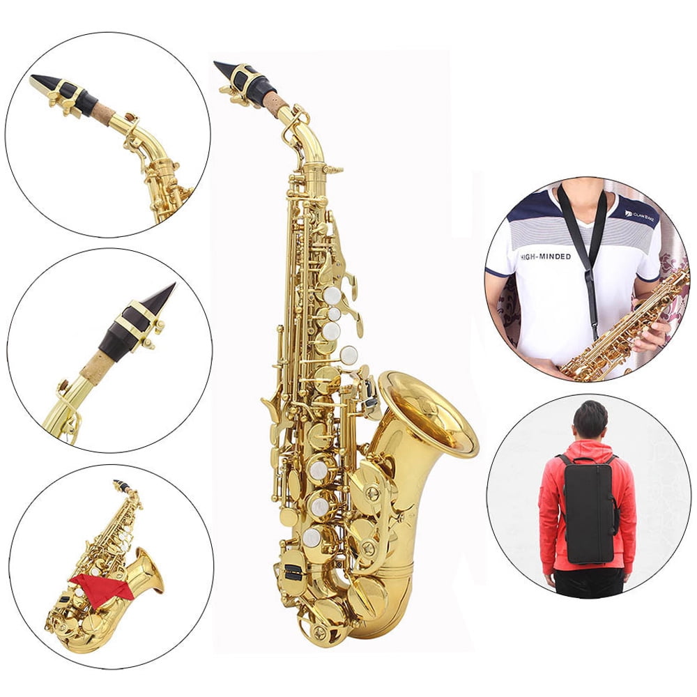 Golden Brass Bb Bend Soprano Saxophone with Carved Pattern, Pearl White Shell Buttons, Case, Gloves, Cleaning Cloth, and Belt - Althorn Wind Instrument